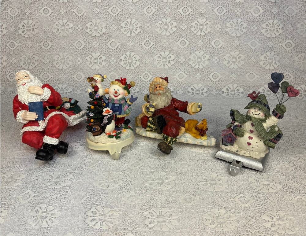 Vintage Christmas Stocking Holders Lot of 4 Santa Snowman Holiday Mantel Decor